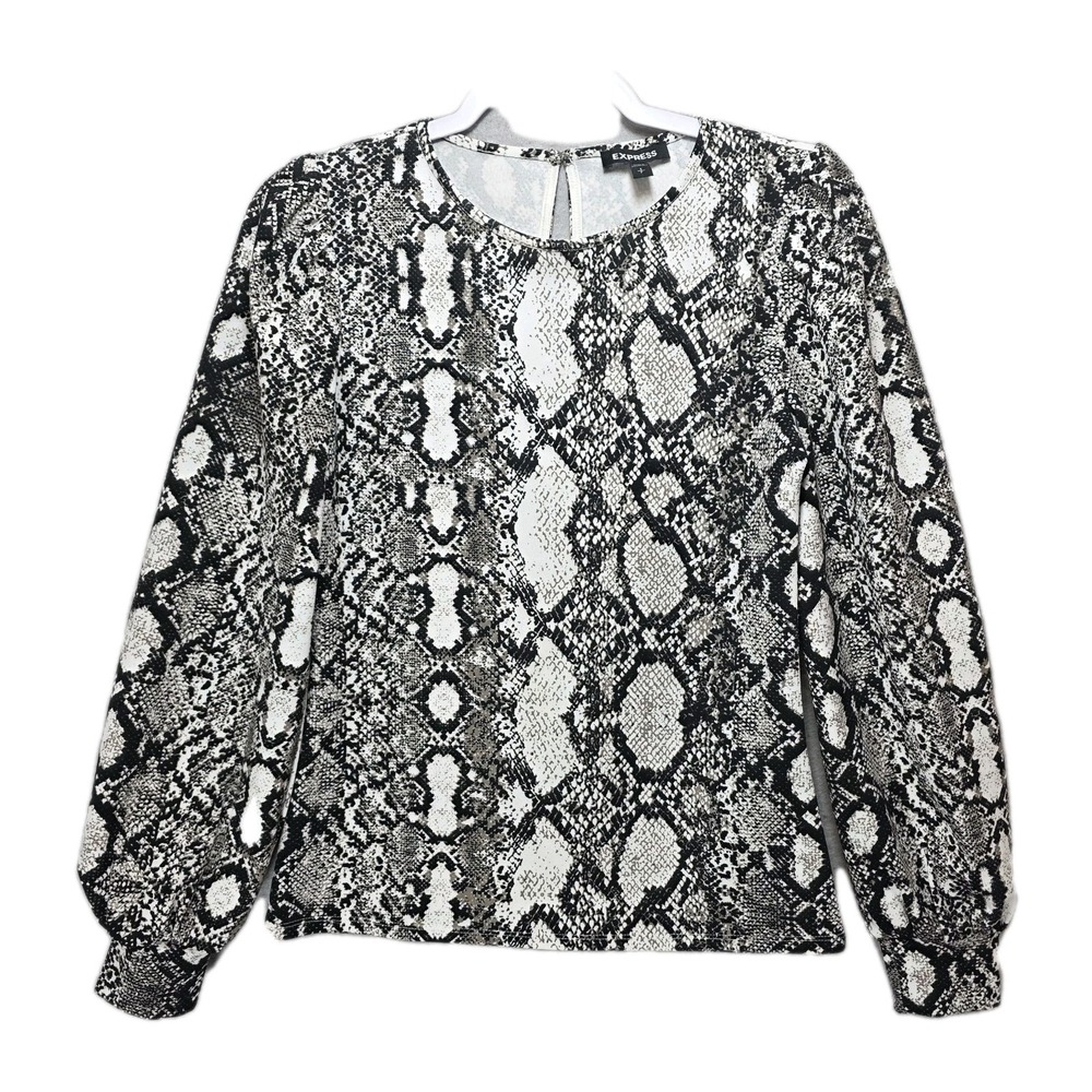 Express Animal Print Blouse Womens S Top Gray White Snake Puff Sleeve Fitted